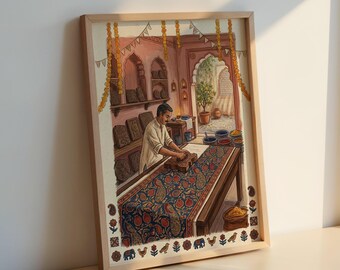 Póster artesanal de estampado en bloque indio: taller de artesanía textil, arte mural bohemio.
