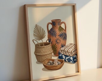 Lámina de naturaleza muerta con jarrón de terracota: Arte mural bohemio mediterráneo y costero.