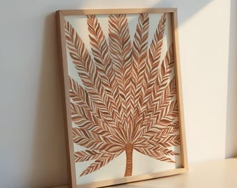 Lámina de acuarela de hojas de palmera: Póster botánico en tonos tierra, estilo bohemio para salón.