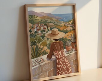 Póster de viaje de la costa italiana: Estampado de mujer mediterránea, arte mural de verano