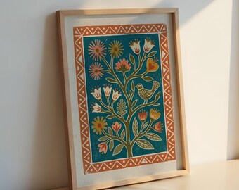Póster de arte popular con árbol de pájaros en flor: decoración botánica de estilo rústico para la pared.