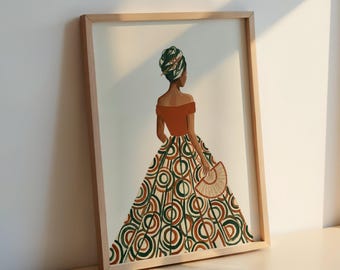 Lámina con estampado de mujer con vestido geométrico: póster ilustrado de moda, arte para dormitorio estilo boho.