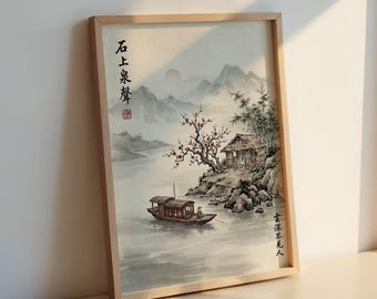Estampado de casa flotante en flor de ciruelo: pintura china con tinta, arte mural de bambú.