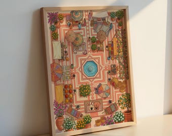 Póster del patio del bazar marroquí: arte popular del mercado de especias, lámina de pared de estilo bohemio para viajes.