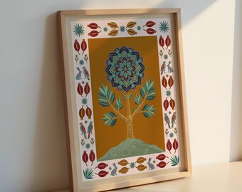 Lámina de arte popular del Árbol de la Vida Mandala: Decoración espiritual bohemia, póster para sala de meditación