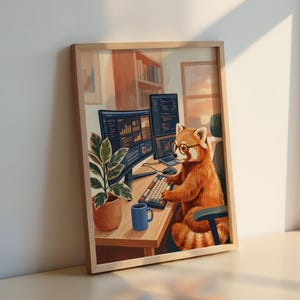 Póster del programador panda rojo: ilustración para la oficina en casa, estampado de animales tecnológicos.