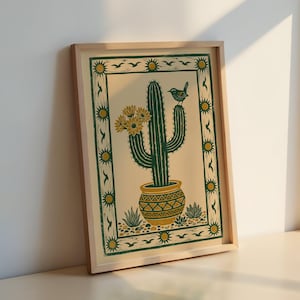 Saguaro Cactus Linocut Print: Folk Art Southwestern Wall Decor