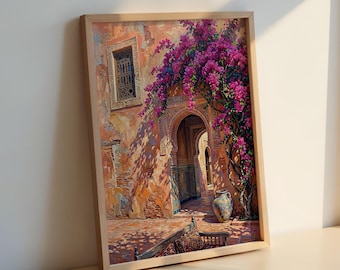 Pintura al óleo de buganvillas en un arco marroquí: lámina de patio mediterráneo