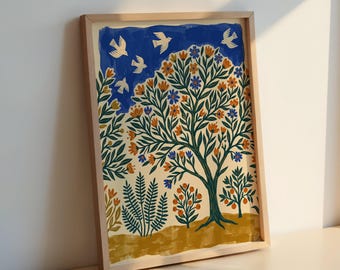 Lámina de pájaros y árbol en flor: arte popular para jardín, decoración de pared de estilo bohemio inspirada en la naturaleza.