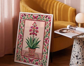 Lámina de agave de arte popular: póster botánico mexicano, arte mural floral con mariposas.