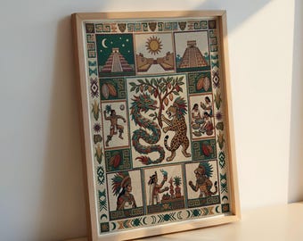 Lámina artística de tapiz azteca: Quetzalcóatl y el jaguar, póster de la mitología mesoamericana