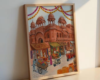 Póster de mercado indio en gouache: lámina de viaje a Rajastán, arte mural del sur de Asia.