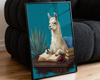Llama with Glasses Poster: Bookish Animal Art, Funny Library Print