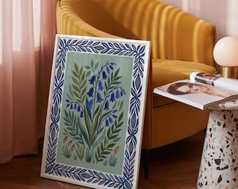 Lámina con ilustración botánica de campanillas azules: Arte floral en verde salvia, póster de pared de flores silvestres