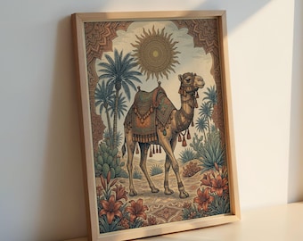 Lámina con ilustración xilográfica de un camello del desierto: escena de un oasis con palmeras, arte mural marroquí.