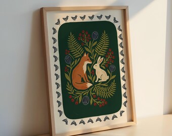 Lámina de arte popular de zorro y conejo: ilustración de bayas del bosque, póster de animales del bosque.