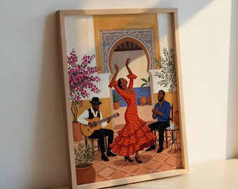 Lámina de patio con bailarina de flamenco: Arco de azulejos con guitarra española, póster de viaje andaluz.