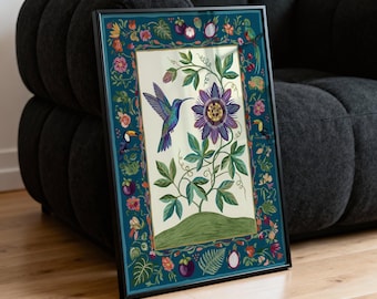 Lámina botánica de colibrí y pasiflora: ilustración de aves tropicales, decoración de arte popular.