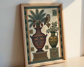 Estampa griega de búho en ánfora: Ilustración de rama de olivo, arte mediterráneo antiguo.