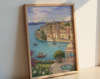Ilustración del Palacio del Lago de Udaipur: Lámina de viaje a la India en acuarela, decoración con paisaje urbano.