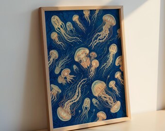 Lámina artística de medusas marinas: Vida marina de las profundidades, póster náutico costero para pared.