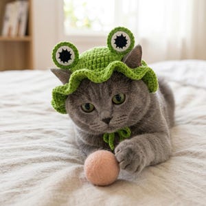 Peut inclure: Un chat gris portant un chapeau en crochet vert vif en forme de grenouille avec deux grands yeux sur le dessus et un bord volanté. Le chapeau présente des détails oculaires circulaires noirs et blancs et un petit lien vert sous le menton. Le chat touche une petite balle pêche.