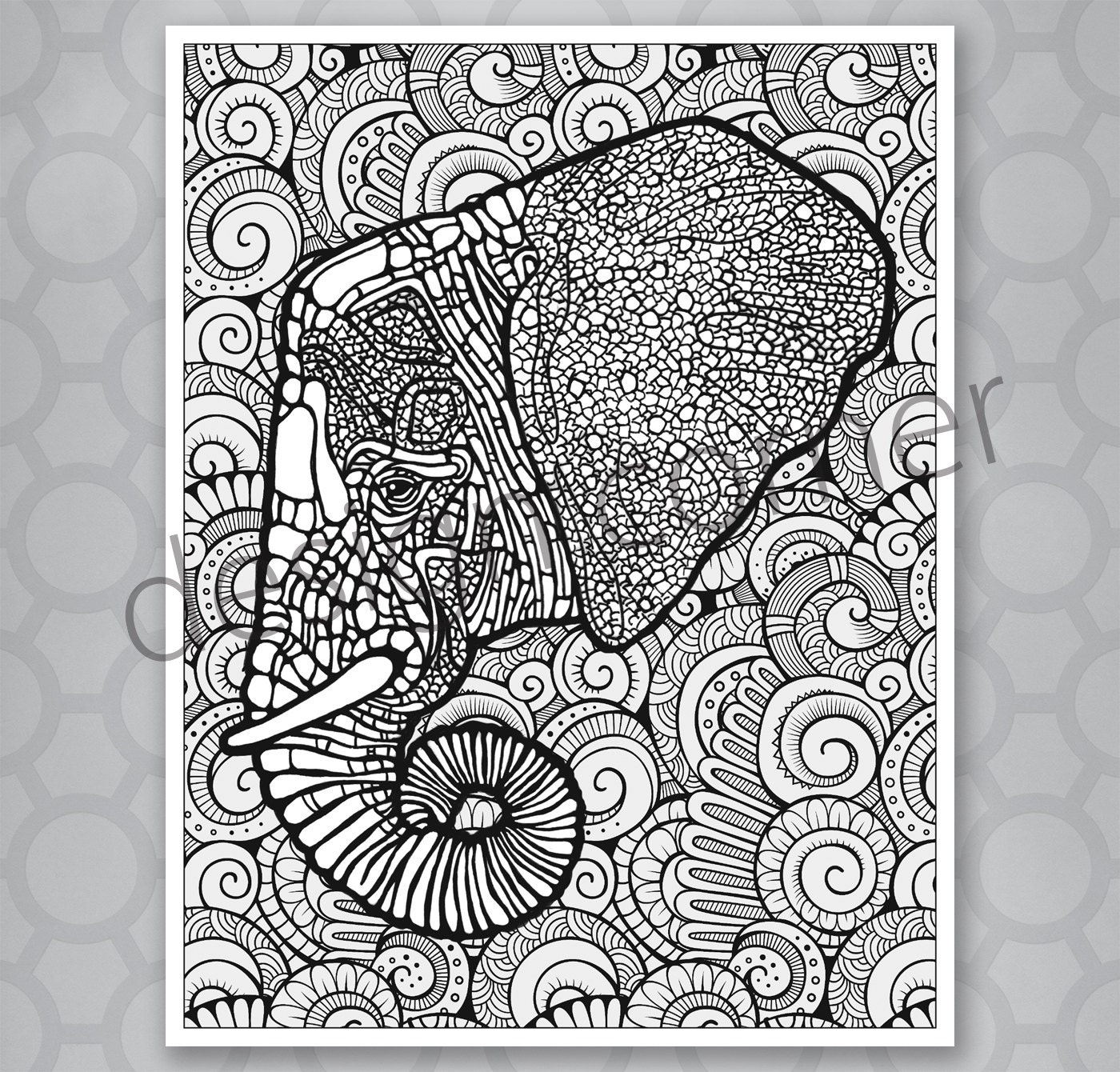 Download INSTANT DOWNLOAD Exotic Zentangle Elephant Coloring Page ...