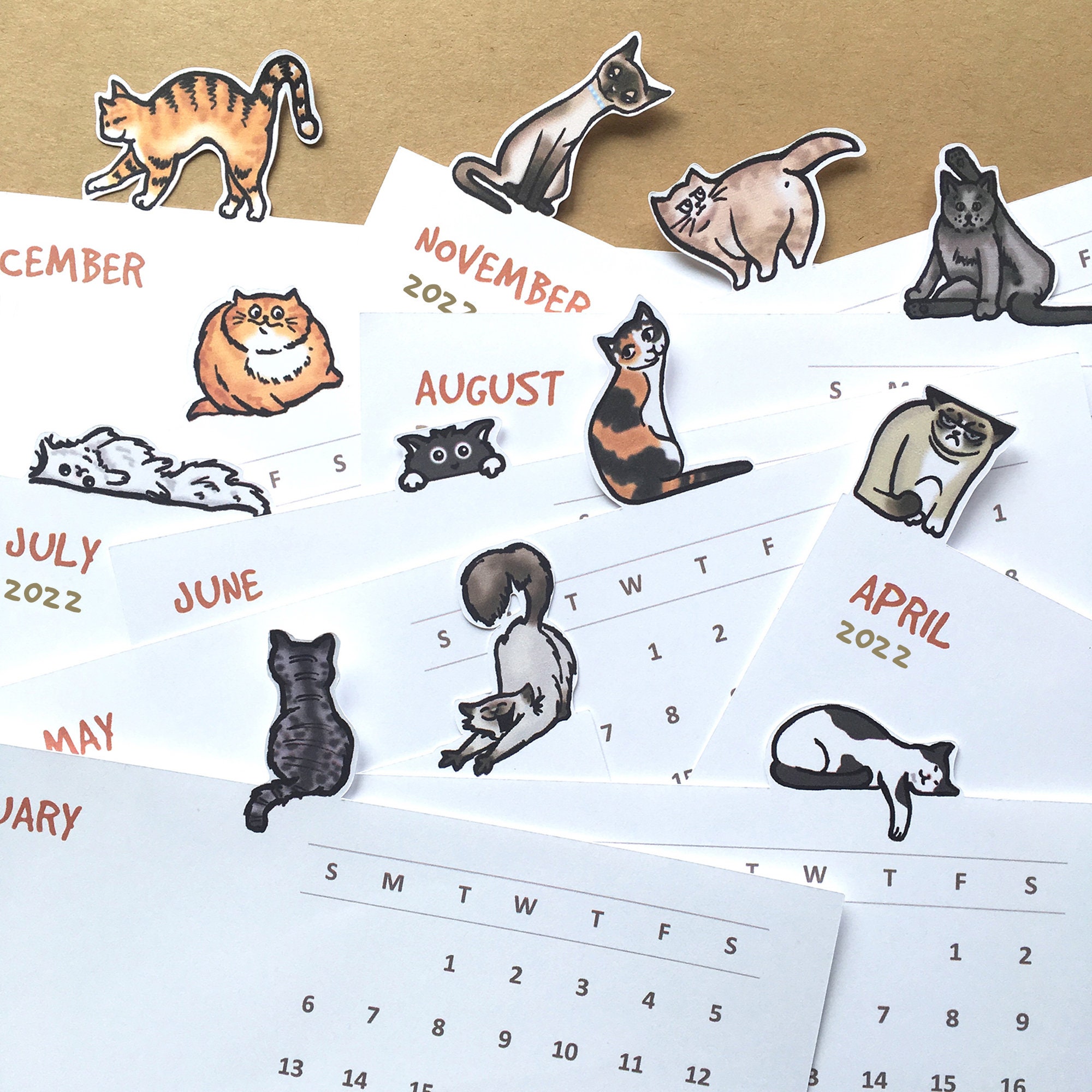 Cats Die Cut 2022 Illustrated Desk Calendar Etsy