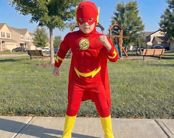 Costume da supereroe rosso per bambini, travestimento in stile Flash per ragazzi, tuta da cosplay da supereroe, costume di Halloween per bambini