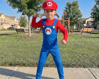 Costume da idraulico per bambini, travestimento da personaggio classico dei videogiochi per ragazzi, tuta cosplay di Halloween, costume rosso e blu, divertente travestimento per feste.