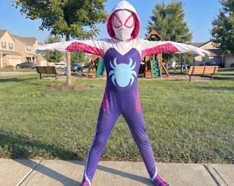 Kids Spider Girl Costume, Superhero Cosplay Suit with Hood, Girls Halloween Costume, Purple Hero Jumpsuit, Party Outfit