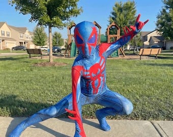 Costume da supereroe ragno per bambini, tuta da supereroe blu e rossa, costume di Halloween per ragazzi, abito cosplay per bambini, tuta stile ragno