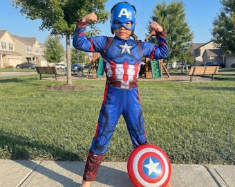 Set costume da supereroe per bambini, tuta da eroe con scudo, costume di Halloween per ragazzi, abito cosplay, travestimento per feste