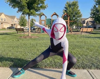 Kids Spider Girl Costume, Superhero Cosplay Suit with Hood, Girls Halloween Costume, Pink White Hero Outfit, Party Costume