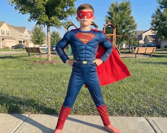 Kindersuperheldenkostuumset, gespierd superheldenpak met cape, Halloweenkostuum voor jongens, cosplay-outfit, verkleedkostuum voor feestjes