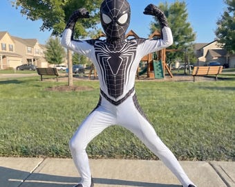 Costume da ragno bianco e nero per bambini, tuta da cosplay da supereroe, costume di Halloween per ragazzi, tuta intera, abito da festa