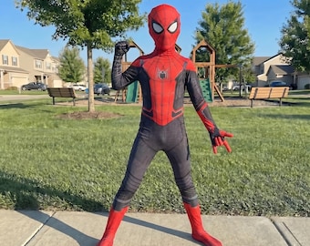 Costume da supereroe per bambini, rosso e nero, tuta da cosplay da supereroe, costume di Halloween per ragazzi, tuta intera, abito da festa