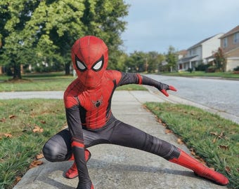 Spinnenhelden-Kostüm für Kinder, rot-schwarz, Superhelden-Cosplay-Anzug, Halloween-Kostüm für Jungen, Ganzkörper-Overall, Party-Outfit