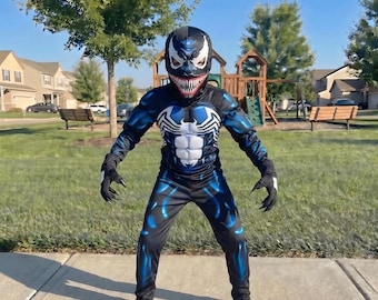 Costume da Venom per bambini, tuta da supereroe nera per ragazzi, costume cosplay di Halloween, costume da eroe muscoloso, tuta da cattivo ragno per bambini