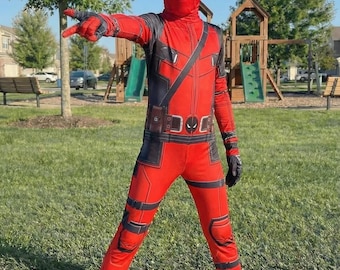 Costume da supereroe rosso e nero per bambini | Tuta intera per ragazzi, cosplay di Halloween, maschera, guanti, tuta tattica da eroe
