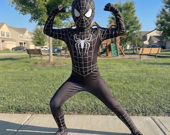 Costume da ragno nero per bambini, tuta da cosplay da supereroe, costume di Halloween per ragazzi, tuta da eroe oscuro, abito da festa