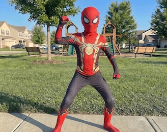 Costume da ragno rosso e oro per bambini, tuta da cosplay da supereroe, costume di Halloween per ragazzi, tuta intera, abito da festa