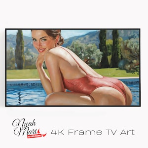 May include: A framed artwork depicts a woman in a red swimsuit by a pool. The painting has a vintage aesthetic, with a focus on the woman's expression and the surrounding landscape. The text "Nyah Mari After Dark" and "4K Frame TV Art" are visible.