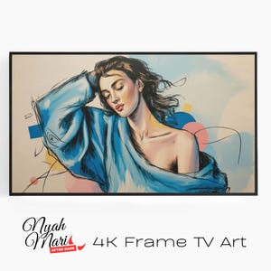 Könnte beinhalten: Gerahmter Kunstdruck mit einer Frau in einem blauen Kleid, mit geschlossenen Augen und einem ruhigen Ausdruck. Das Kunstwerk hat einen malerischen Stil mit sanften Farben und abstrakten Formen im Hintergrund. Der Text "Nyah Mari 4K Frame TV Art" befindet sich unten.