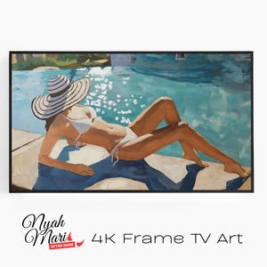 4K Frame TV Art Download - Sunlit Pool Day Lounging Woman In Striped Hat Carefree Summer Calm