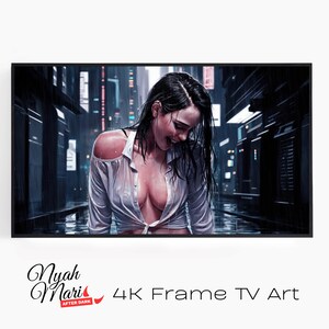 4K Frame TV Art Download - Rainy Neon Cityscape Portrait Of A Woman In Reflective Rain Moody Intimate
