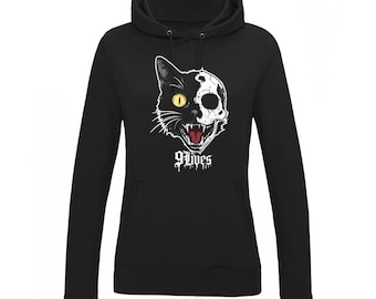 Felpa da donna con teschio e gatto "9 Lives" - Felpa gotica con gatto / Felpa spettrale per Halloween / Felpa con estetica horror / Regalo per amanti dei gatti