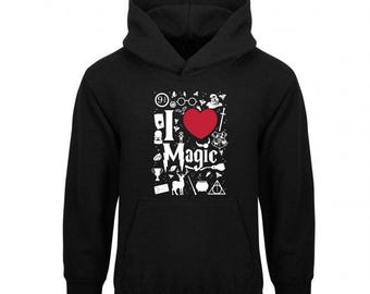 Bluza z kapturem dla dzieci „I Love Magic” – uroczy, inspirowany czarodziejami sweter fantasy | Przytulna, magiczna bluza dla chłopców i dziewczynek | Prezent dla fana fantasy