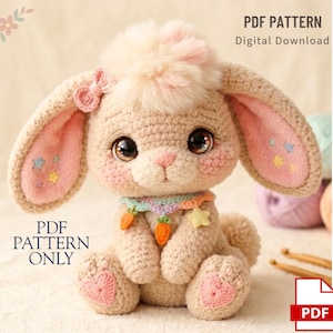 May include: A crocheted bunny with large, expressive eyes, a pink nose, and a fluffy head. The bunny has long ears with pink inner ears and star accents. It wears a colorful collar with carrot and star charms. Text on the image reads "PDF PATTERN" and "Digital Download".