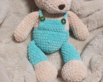 Oso de peluche hecho a mano a crochet, con overol y gorro de felpa, peluche de hilo suave.